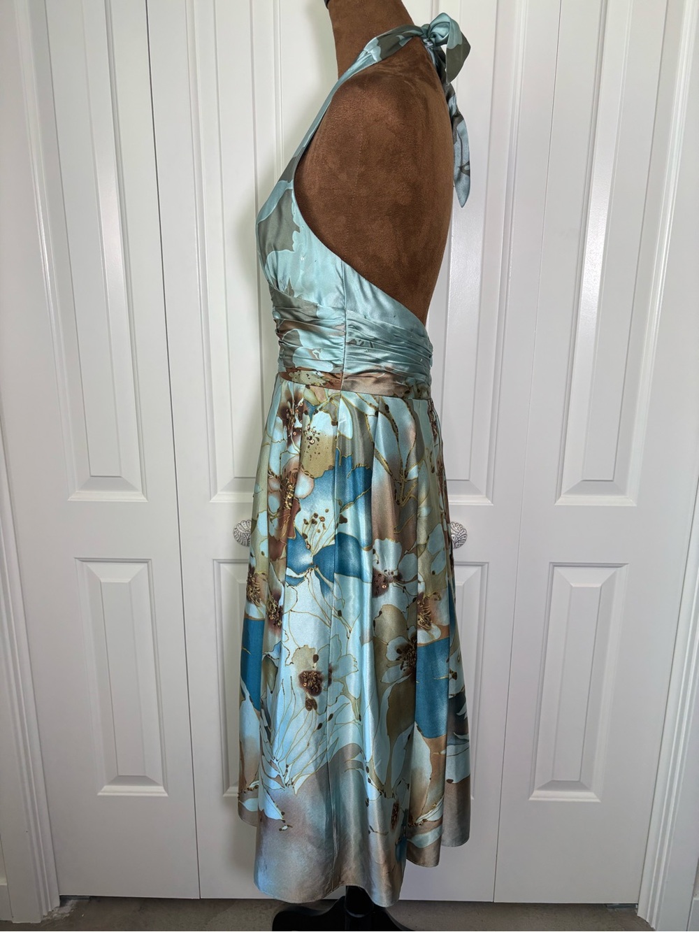 Vtg Y2K Adrianna Papell 100% Silk Halter Dress Watercolor Floral Sequin Size 4 - Picture 3 of 14